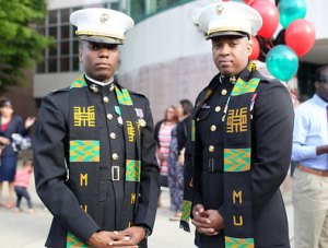 Marine Corps officers are first African Americans to earn M.A.degrees in leadership studies at Marshall while on active duty Capt. Joseph Common, left, and Capt. John Tucker are two of the first three African American Marines Corps officers to graduate from Marshall University with their Master of Arts degrees in leadership studies.
