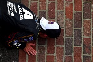 NASCAR: Jeff Gordon wins record fifth NASCAR Sprint Cup race at Indy Jeff Gordon, driver of the #24 Chevrolet, celebrates by kissing the bricks after winning the NASCAR Sprint Cup Series Crown Royal Presents The John Wayne Walding 400 at the Brickyard Indianapolis Motor Speedway on July 27, 2014 in Indianapolis, Indiana.