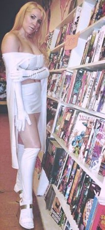 Free Comic Book Day Options include Super Hero Girls, Wonder Woman, Guardians of the Galaxy Bunny Bombshell as Emma Frost browses at Comic World on a prior Free Comic Book Day.
