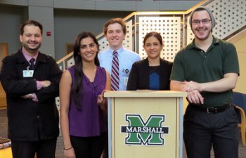 Marshall director of undergraduate public health program receives grant for breast cancer research Mohamed Alsharedi, Minal Patel, Chad Crigger, Dr. Monika Sawhney and Cory Lambert will work together for the next year to conduct breast cancer research in rural communities of West Virginia