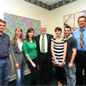 Marshall Announces Winners in holiday design contest Brent Patterson, professor of graphic design and new media; students Christina Dotson and Kaitlyn Smith; President Kopp; students Morgan Thompson and David Pelts; and Byron Clercx. These four students made up the winning group in the video competition.