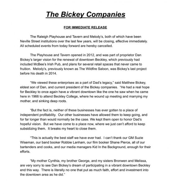 Beckley's Raleigh Playhouse and Theatre Abruptly Closes Beckley's Raleigh Playhouse and Theatre Abruptly Closes