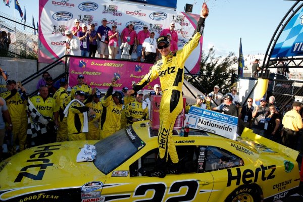 NASCAR: Joey Logano dominates in fourth straight win at Dover Joey Logano, driver of the #22 Hertz Ford, celebrates in Victory Lane after winning the NASCAR Nationwide Series 5-Hour Energy 200 Benefiting Living Beyond Breast Cancer at Dover International Speedway on September 28, 2013 in Dover, Delaware.