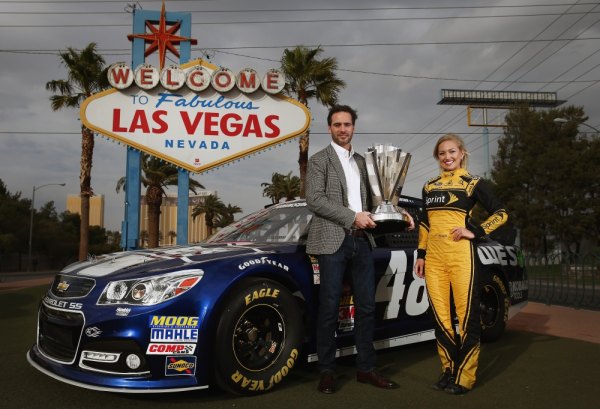 Day One: NASCAR Champion’s Week In Las Vegas Officially Begins NASCAR Sprint Cup Champion Jimmie Johnson, and Miss Sprint Cup Brooke Werner pose for a photo at the 'Welcome to Fabulous Las Vegas' sign on in Las Vegas, Nevada. Johnson is in Las Vegas for a week of 2013 NASCAR Sprint Cup Championship activities.