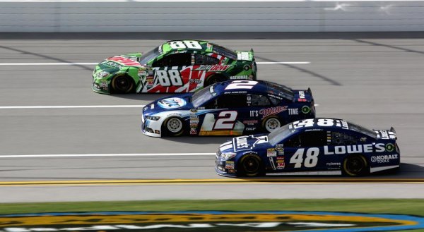 Friday Talladega Notebook: Dale Earnhardt Jr.: Success at Talladega requires a positive attitude Dale Earnhardt Jr., driver of the #88 Brad Keselowski, driver of the #2 , and Jimmie Johnson, driver of the #48 , practice for the NASCAR Sprint Cup Series Camping World RV Sales 500 at Talladega Superspeedway on October 18, 2013 in Talladega, Alabama.