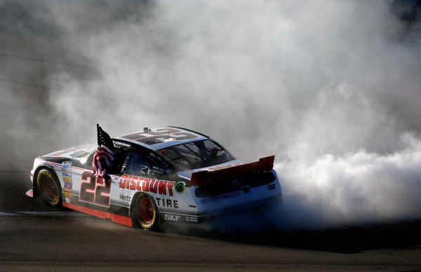 NASCAR: Brad Keselowski holds off Kyle Busch for Nationwide win in Las Vegas Brad Keselowski, driver of the #22 Discount Tire Ford, celebrates with a burnout after winning the NASCAR Nationwide Series Boyd Gaming 300 at Las Vegas Motor Speedway on March 8, 2014 in Las Vegas, Nevada.