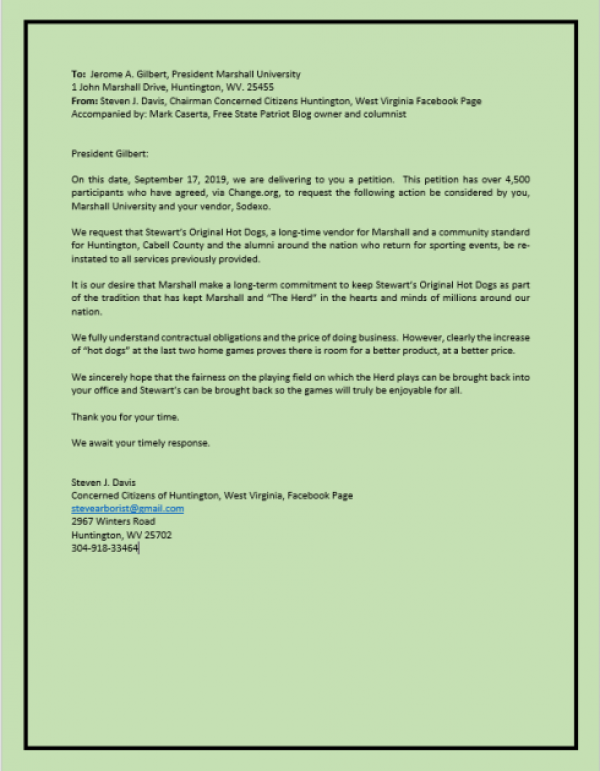 Letter of petition calling for Stewart’s Original Hot Dogs to be reinstated at Marshall ballgames Letter of petition calling for Stewart’s Original Hot Dogs to be reinstated at Marshall ballgames